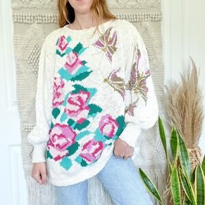 Vintage 80s Butterfly Floral Knit Sweater